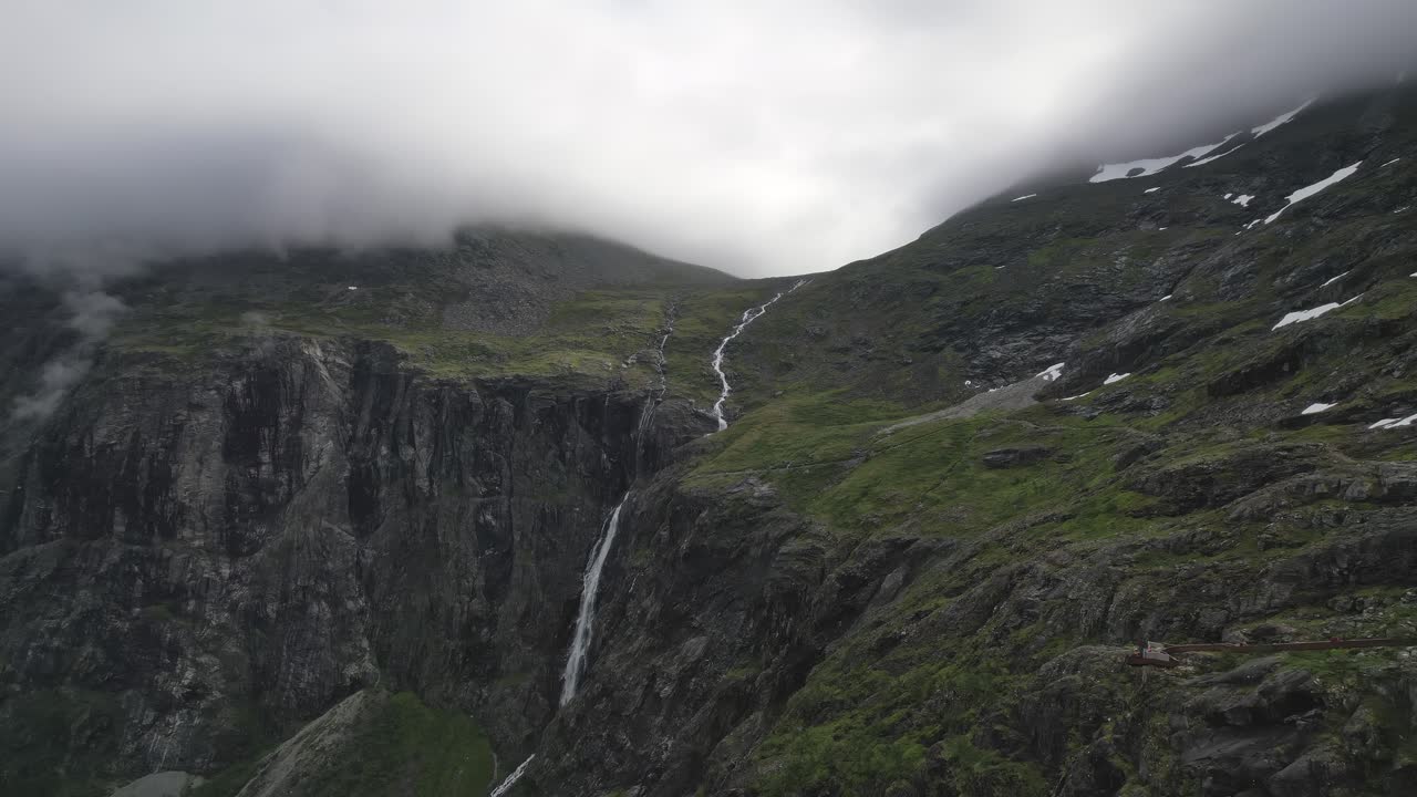 A Cascading Waterfall Amidst the Norwegian Wilderness, Aerial View