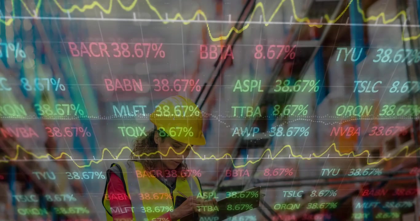 Animación de procesamiento de datos sobre una trabajadora en un almacén.