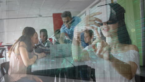 virtual reality technology animation over students collaborating in classroom