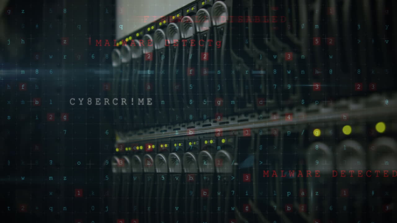 Animation of cyber attack warning over server room