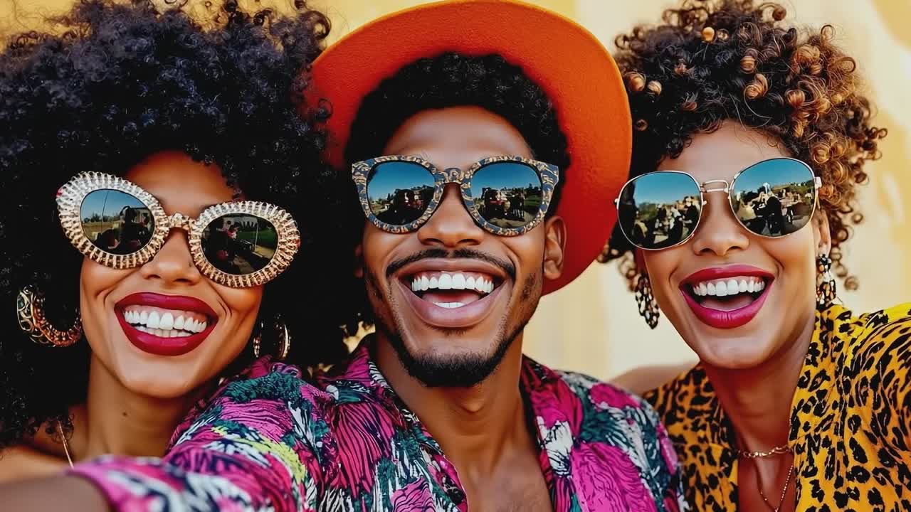un grupo de tres personas con gafas de sol y sonrientes