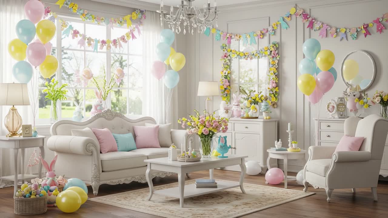 A Beautifully Decorated Living Room with Pastel Balloons and Flowers for a Celebration, Showcasing Elegant Furnishings and a Cheerful Atmosphere