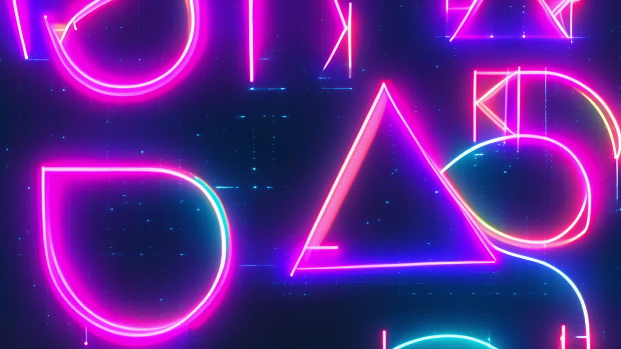 Animazione di forme geometriche al neon su sfondo scuro con effetti luminosi