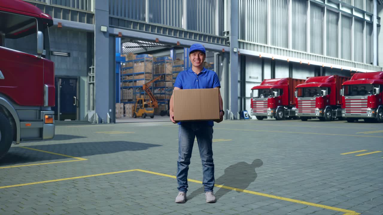 Full Body Of Asian male Courier In Blue Uniform Smiling While Delivering A Carton, Outside of Logistics Distributions Warehouse