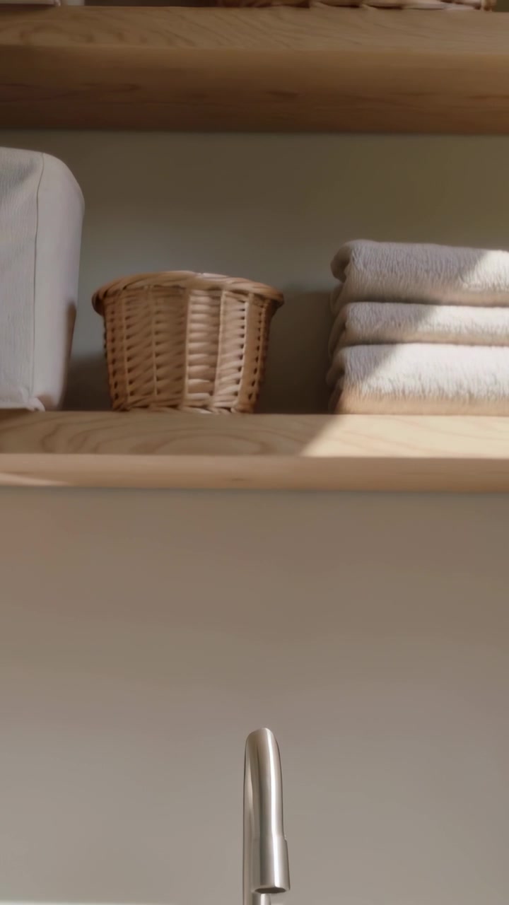 Vertical video: Camera tilting up at home, showing faucet and sink, revealing shelf basket towels