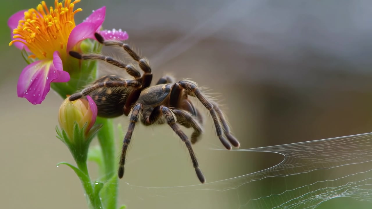 Pembe bir çiçek sapında dinlenen bir örümceğin yakın çekim dış mekan sahnesi, çerçevenin her yerine uzanan görünür ağ iplikleriyle, yumuşak bulanık yeşilliklerle çevrili