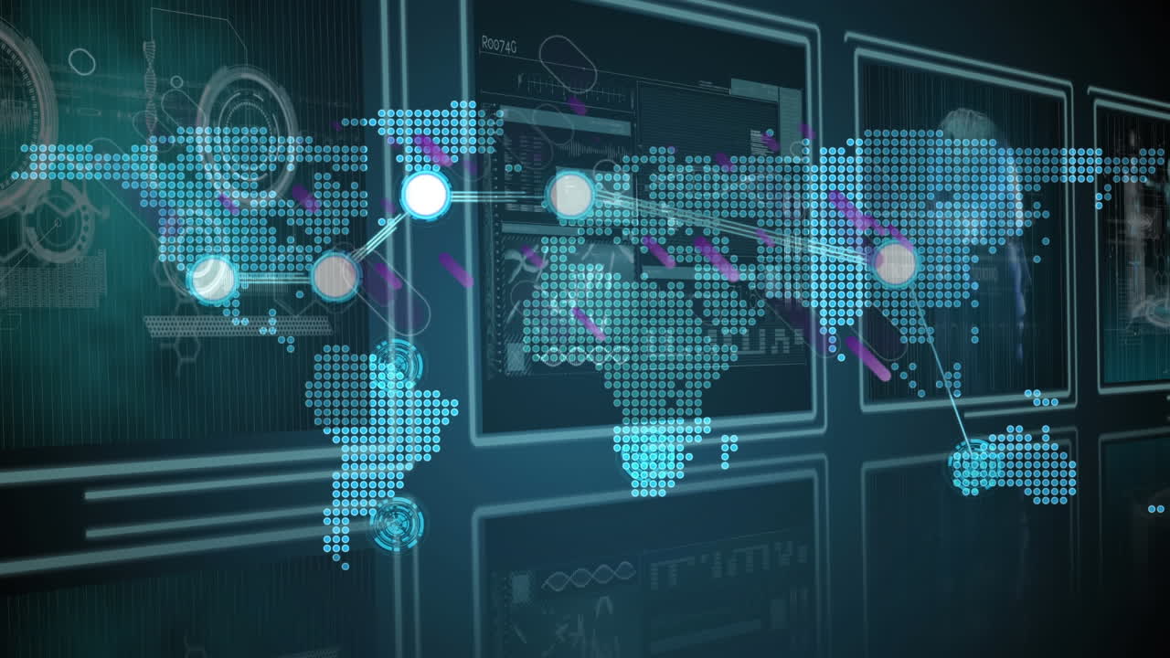 Animation of purple shapes over network of connections and world map