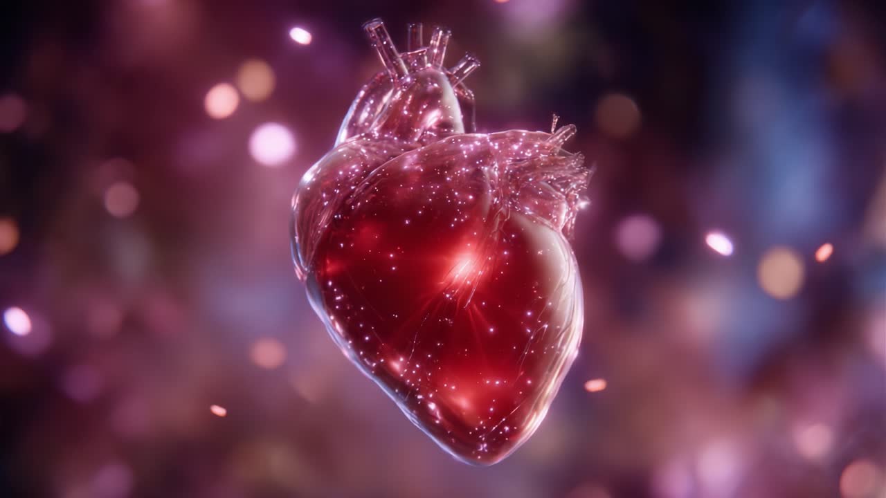 Una impresionante visualización de un corazón humano rodeado de un brillo mágico que ilustra la belleza y la complejidad del sistema cardiovascular y de la vida misma