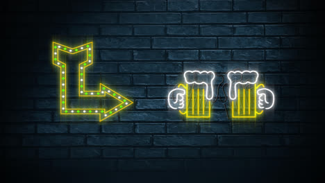 neon sign showing arrow and chinking beer glasses