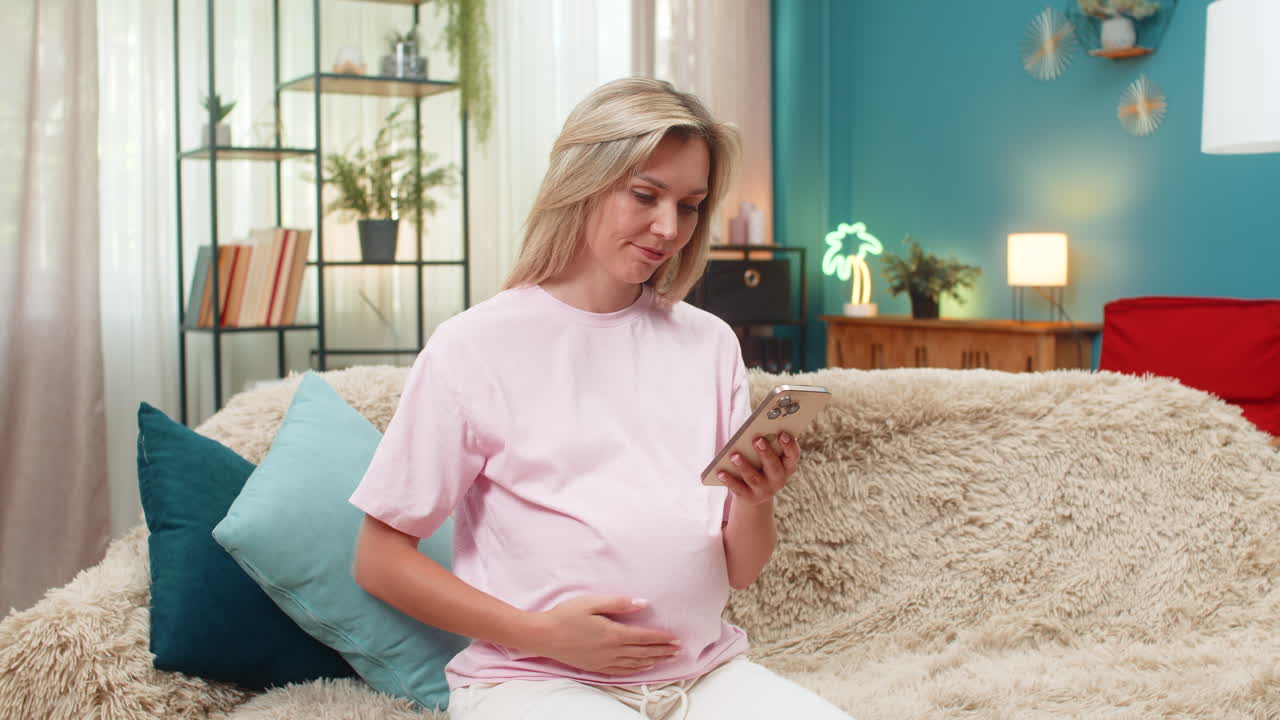 Pregnant woman sighing disappointed scrolling smartphone after losing online game showing sad mimic