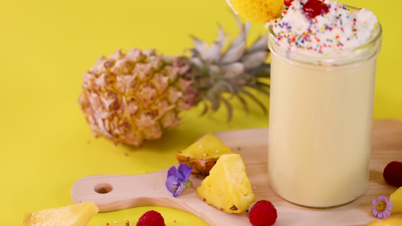 Tropical pineapple smoothie with whipped cream, fruit garnish, and sprinkles, shot on bright yellow background