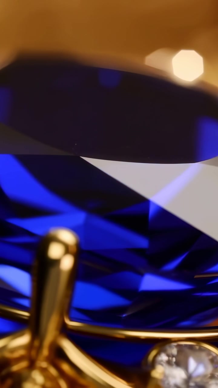 Video verticale: Telecamera che si sposta rivelando una gemma blu intenso in un negozio, mostrando una montatura d'oro e un accento trasparente