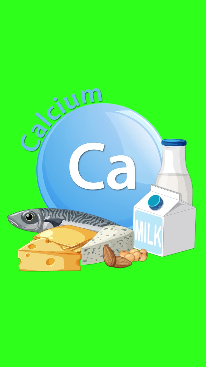 Un'icona blu del calcio è affiancata da pesce, formaggio, latte e noci su uno sfondo verde brillante, illustrando le fonti alimentari di calcio con transizioni fluide