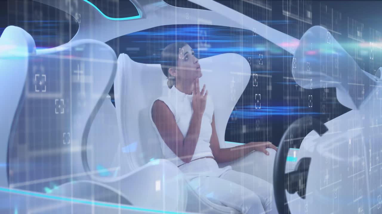 animación de una mujer usando una tableta sentada en un vehículo y procesamiento de datos