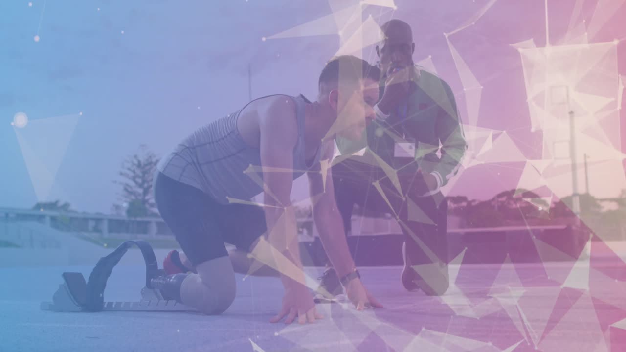 animación de la red de conexiones sobre corredor biracial con cuchilla de correr