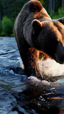 grizzly bear fishing in a forest river