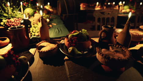 a bountiful feast on a rustic table illuminated by candlelight
