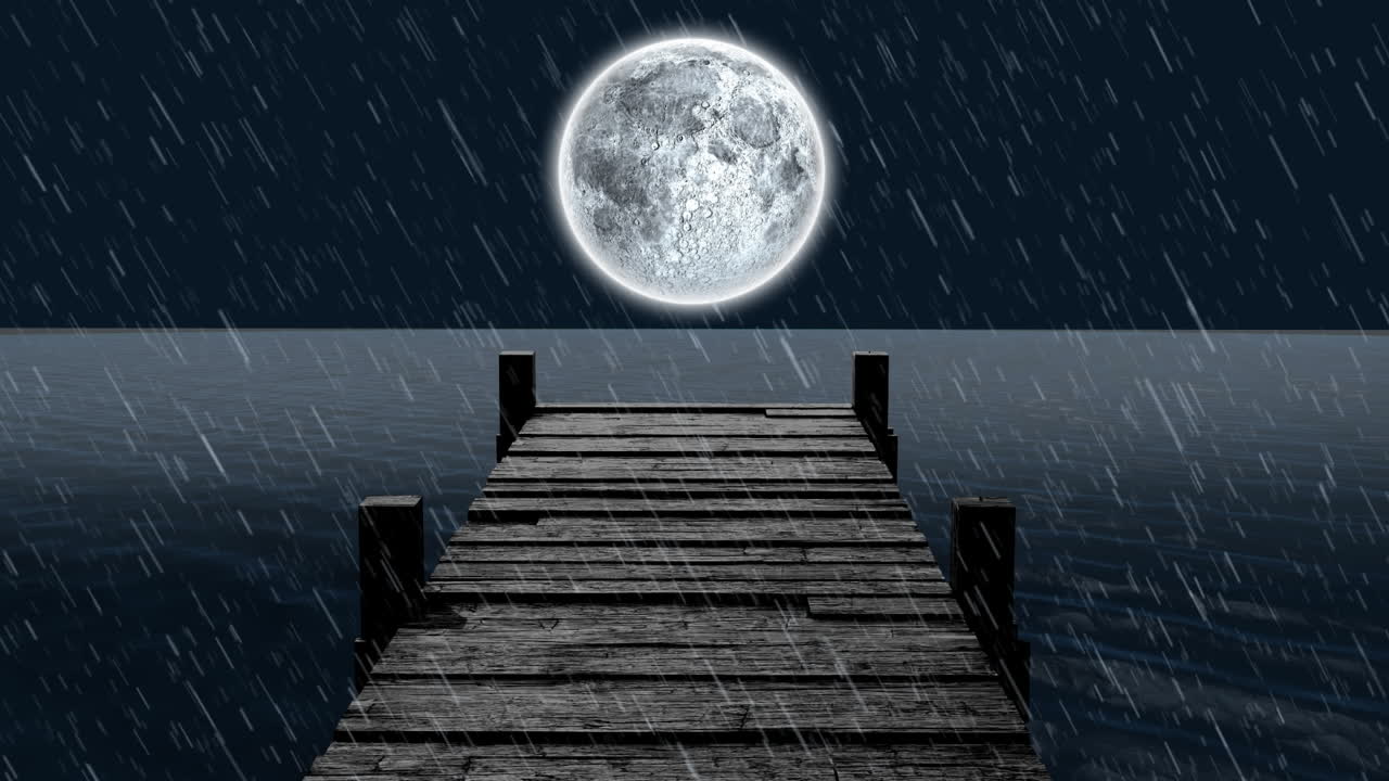 바다 위 에 있는 나무 의 항구 의 애니메이션, 배경 에 있는 밤 하늘 에 있는 비 와 보름달