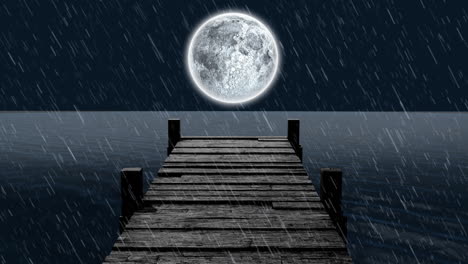 animation of wooden jetty over sea, rain and full moon on night sky in background