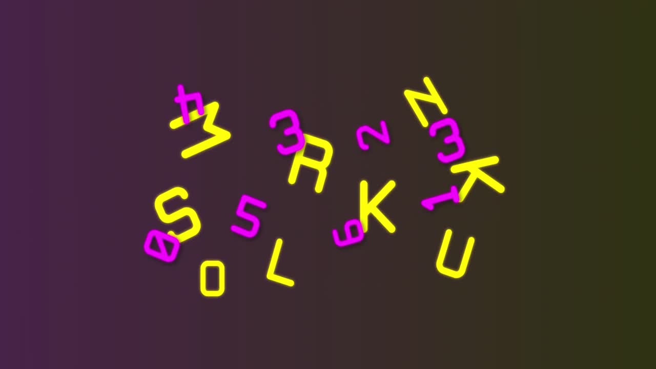 Neon random numbers and alphabets moving and changing against brown background
