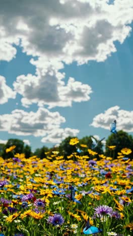Vibrant wildflower field with butterflies under a cloudy sky, captured from a low angle