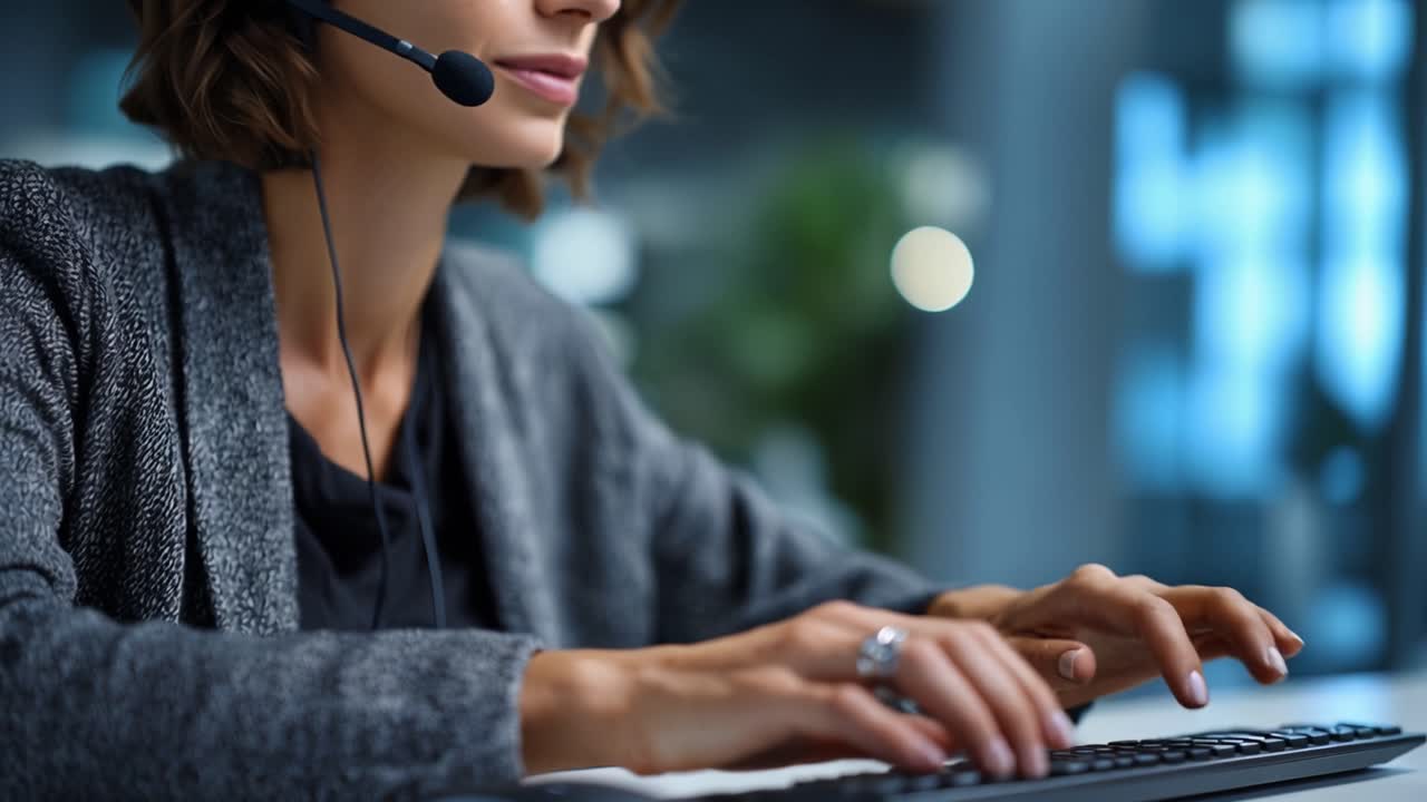 Fokussierte Frau arbeitet an einem Schreibtisch mit Headset und Tastatur. Ihre Hände gleiten stetig über die Tasten und zeigen Konzentration. Sanfte Beleuchtung unterstreicht ihr ruhiges, professionelles Auftreten.