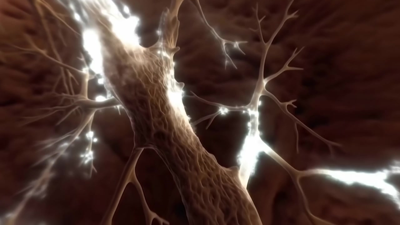 Bright signals travel along branching cell structures while view advances through reddish tissue, highlighting luminous junctions, fine extensions, and layered biological forms.
