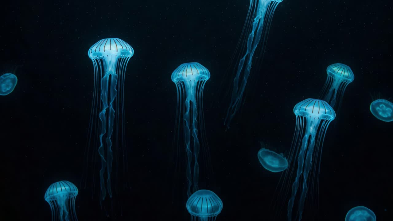 A Spectacular Display of Bioluminescent Jellyfish Gliding Gracefully Through the Deep Sea, Capturing the Enigmatic Beauty of Underwater Life in Stunning Visuals