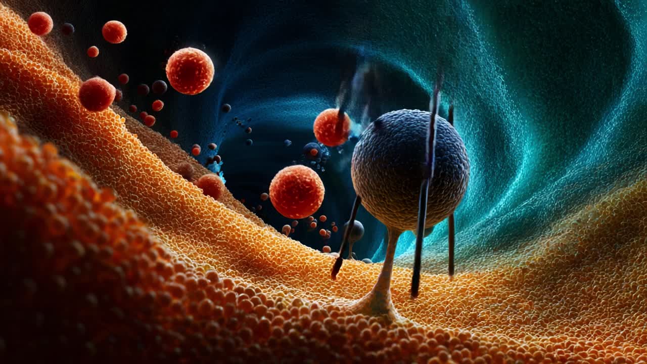 Exploring the Microcosm: A Captivating Journey Through an Abstract Representation of Cellular Structures and Interactions in a Stunning Visual Display