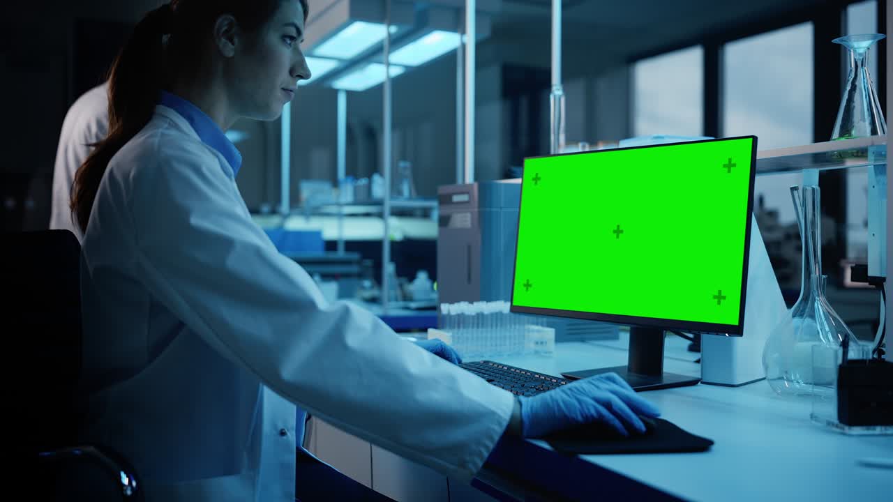 laboratorio de investigación médica moderno: retrato de una científica que trabaja en una computadora que muestra una pantalla clave de croma verde. laboratorio científico avanzado, instalación de desarrollo de medicamentos biotecnología