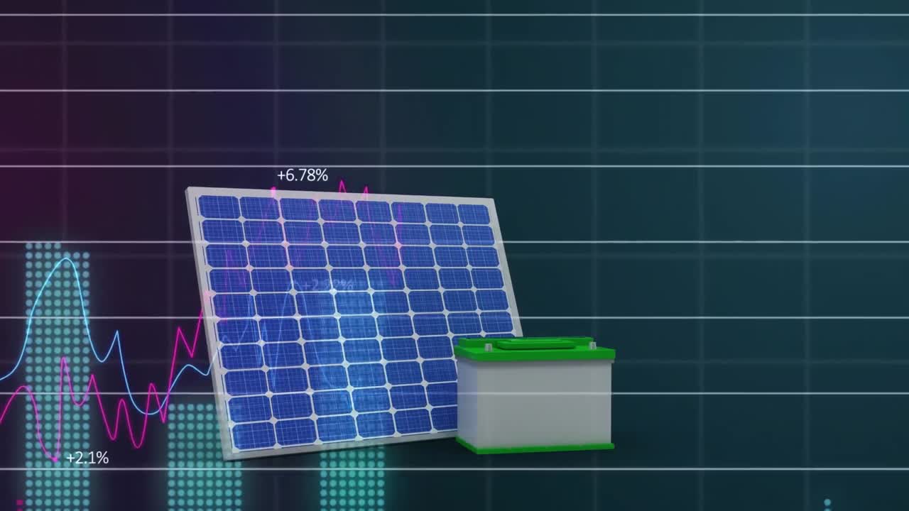 Animation of statistics and financial data processing over solar panels