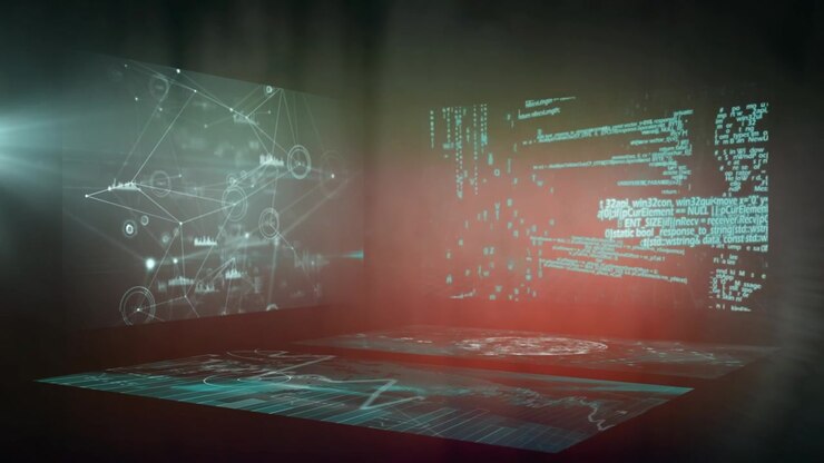 Animation of computer data processing on screens on black background