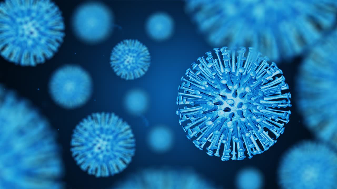 covid-19 o coronavirus 2019 coronavirus 3d render animación de bucle. virus de corona de color rojo azul con partículas. fondo de pantalla verde.