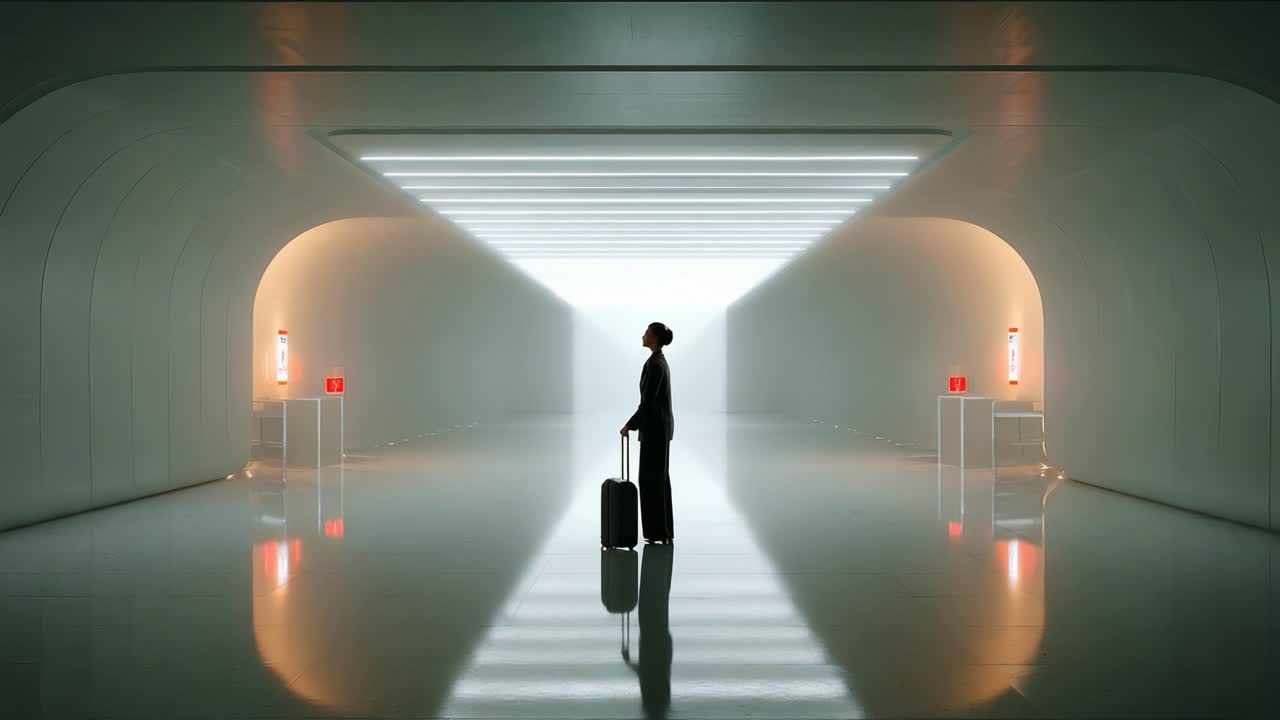A solitary figure stands at the end of a minimalist corridor, illuminated by soft lights and flanked by glowing objects, symbolizing a moment of contemplation and anticipation in an elegant, futuristic environment
