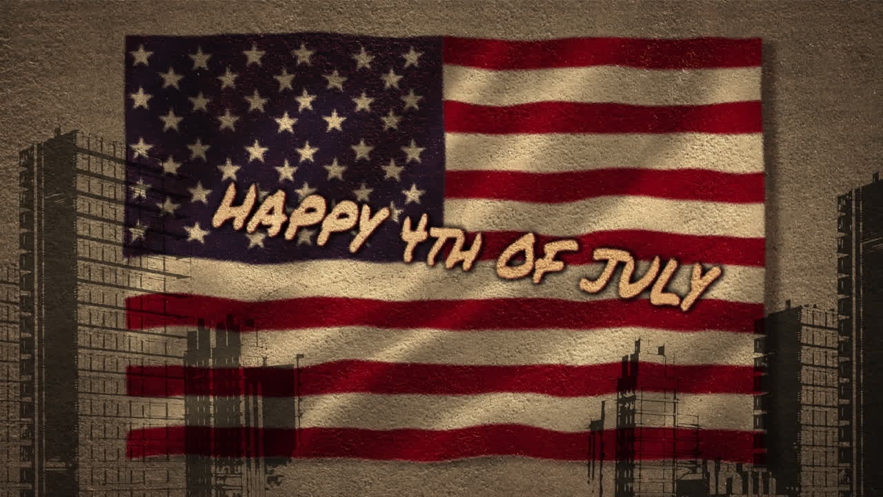 Animation of happy fourth of july text over flag and cityscape