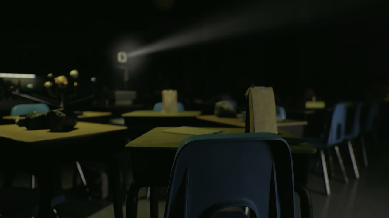 Abandoned classroom setting with projection light in dim atmosphere