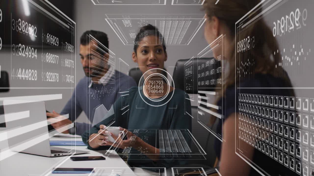 Business meeting with data processing animation over diverse colleagues discussing