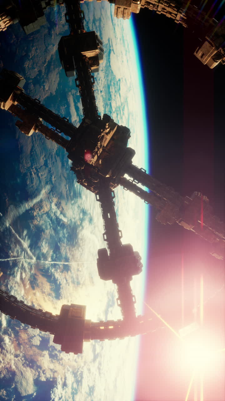 estación espacial en órbita de la tierra con el amanecer en el fondo