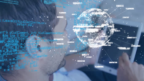 Animación-Del-Procesamiento-De-Datos-Y-Globo-De-Conexiones-Sobre-Un-Hombre-De-Negocios-Usando-Una-Tableta