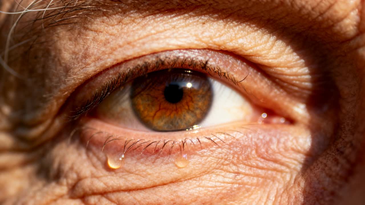 Goccioline di lacrime che scorrono lungo la palpebra inferiore, occhio che sposta lo sguardo in primo piano, ghiandola che reagisce.
