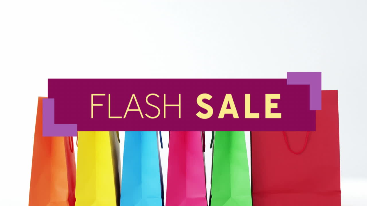 화려한 쇼핑 가방 위에 플래시 판매 텍스트 애니메이션