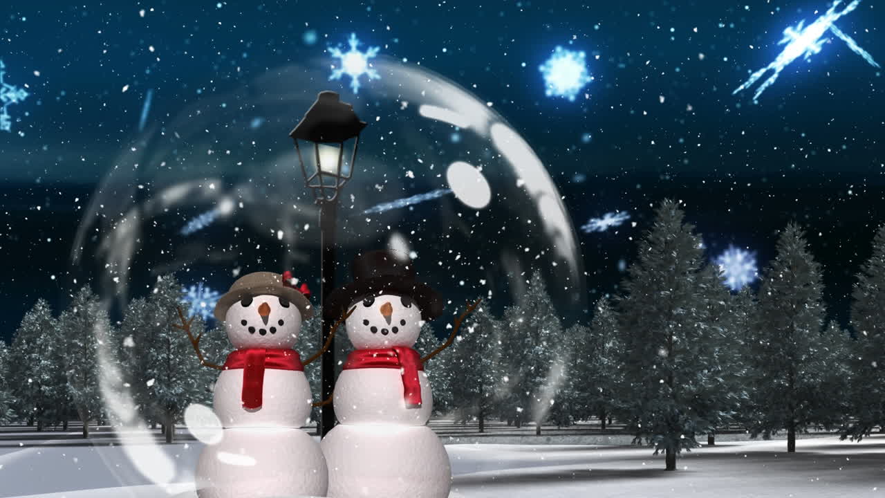 linda animación navideña de una pareja de muñecos de nieve en el bosque mágico 4k