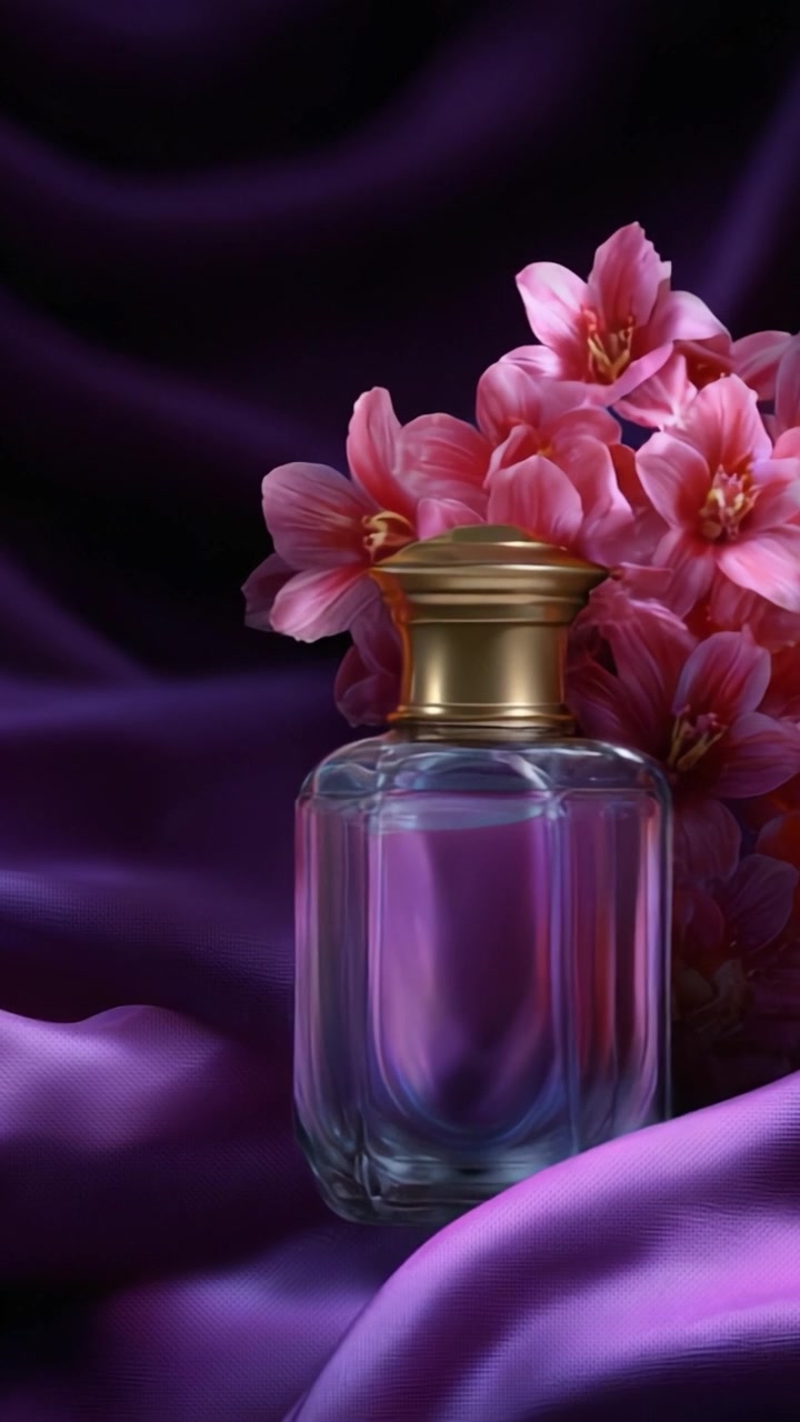 Elegante flacone di profumo circondato da bellissimi fiori rosa su uno sfondo di seta viola, che emana un senso di lusso e raffinatezza nella fragranza.