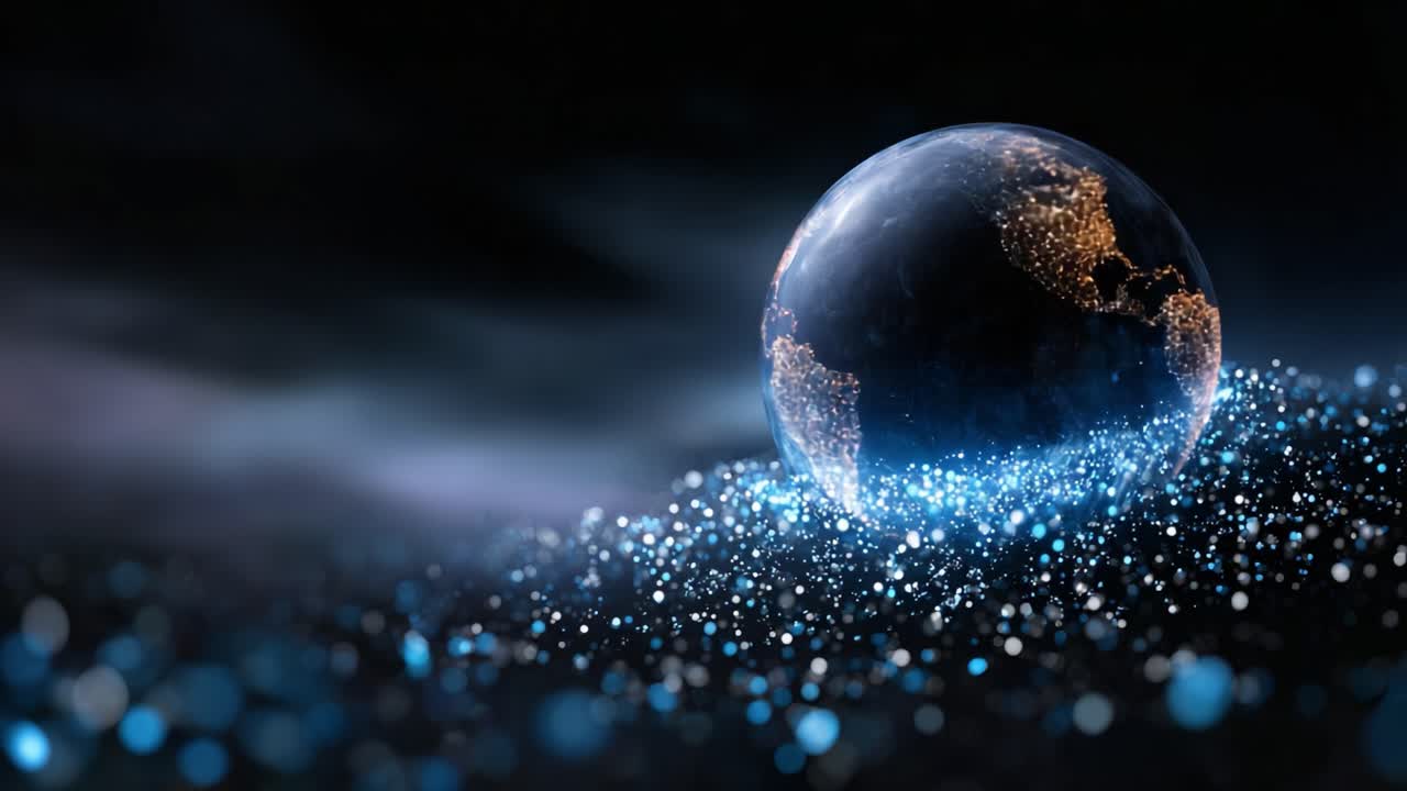 A Stunning View of Earth in a Cosmic Landscape Filled with Glimmering Particles, Showcasing the Beauty of Our Planet Set Against a Mystical Dark Background