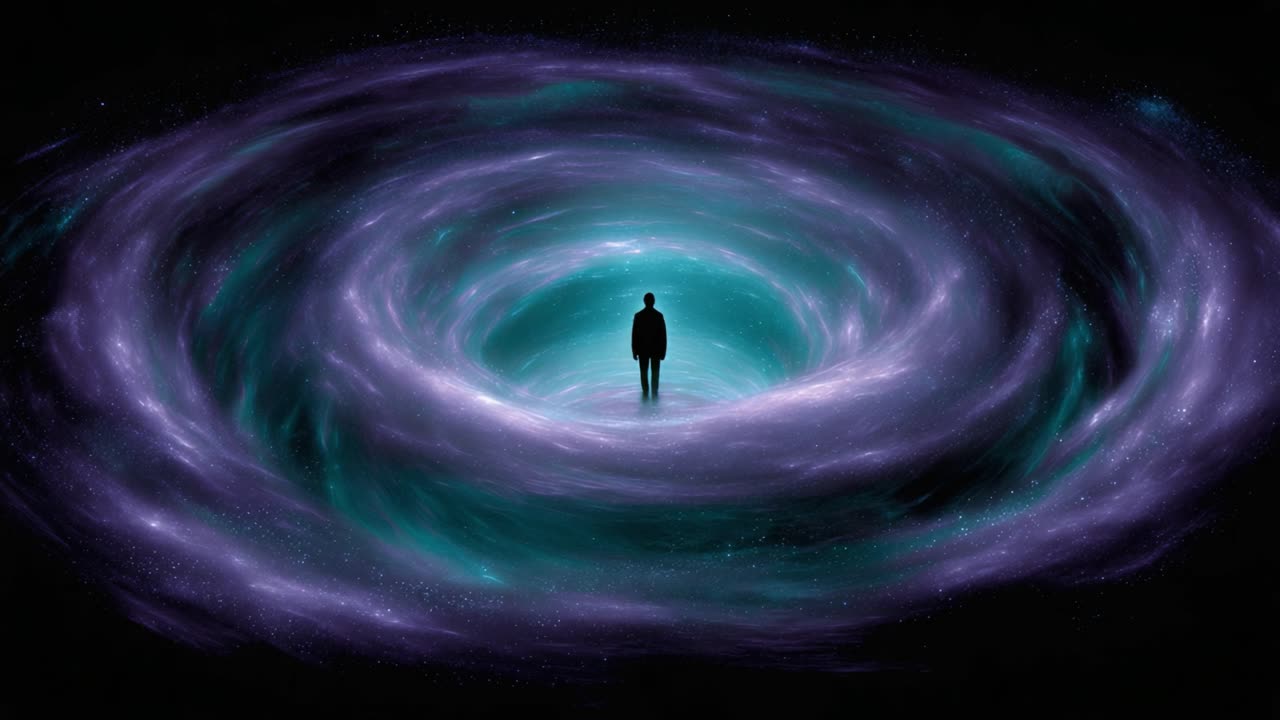 A solitary figure stands amidst a swirling cosmic vortex, capturing the wonder of the universe and the mysteries of existence in a mesmerizing display of colors and energy