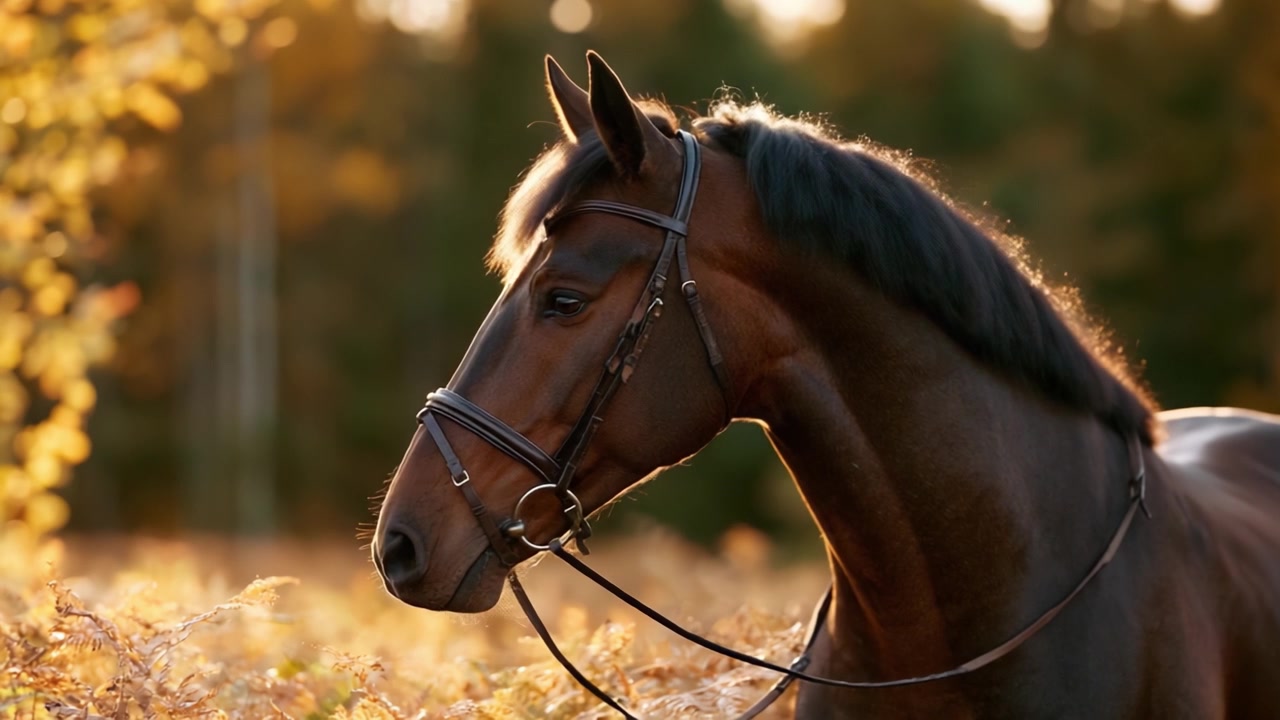 Majestætisk brun hest med elegant hovedtøj i et solbeskinnet efterårslandskab omgivet af bløde bregner og levende løv, der fanger naturens skønhed og ridekunstens elegance.