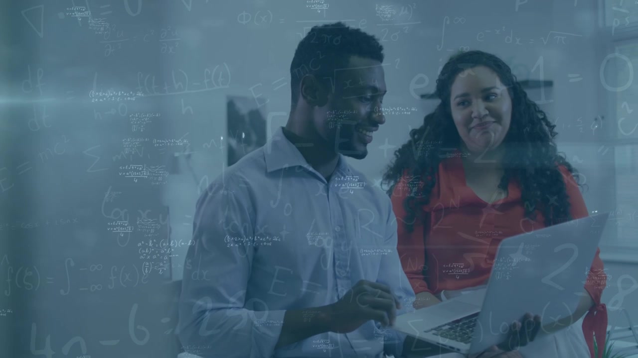 Animation of mathematical equations over diverse business people in office