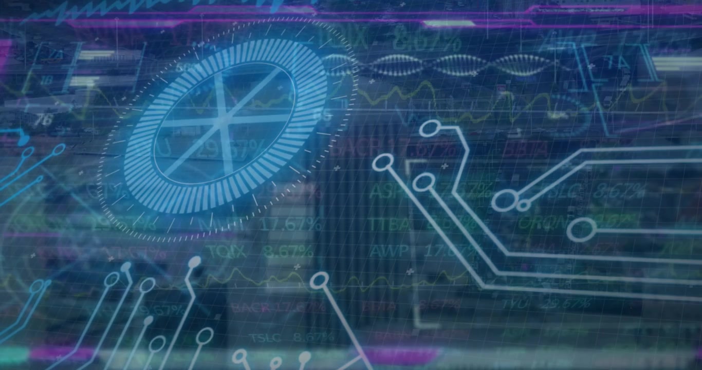 Animation of data processing over cityscape