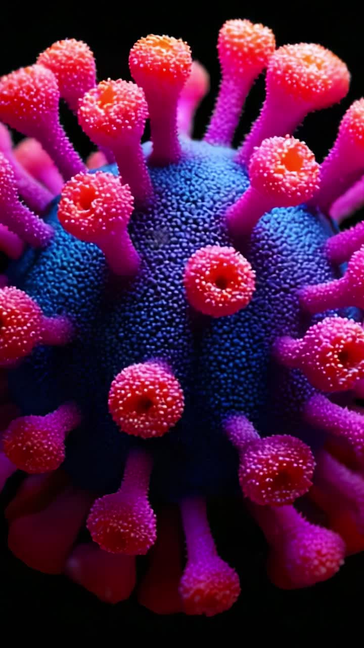 Microscopic Visualization of a Vibrantly Colored Virus with Pink and Blue Protrusions, Highlighting Intricate Surface Structures and Unique Morphology