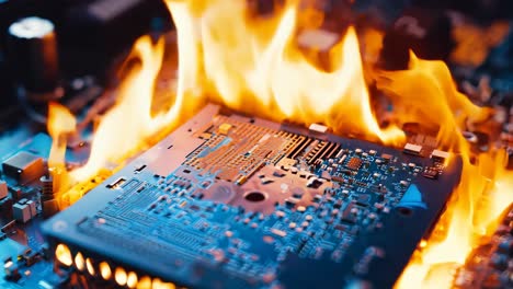 A computer motherboard on fire